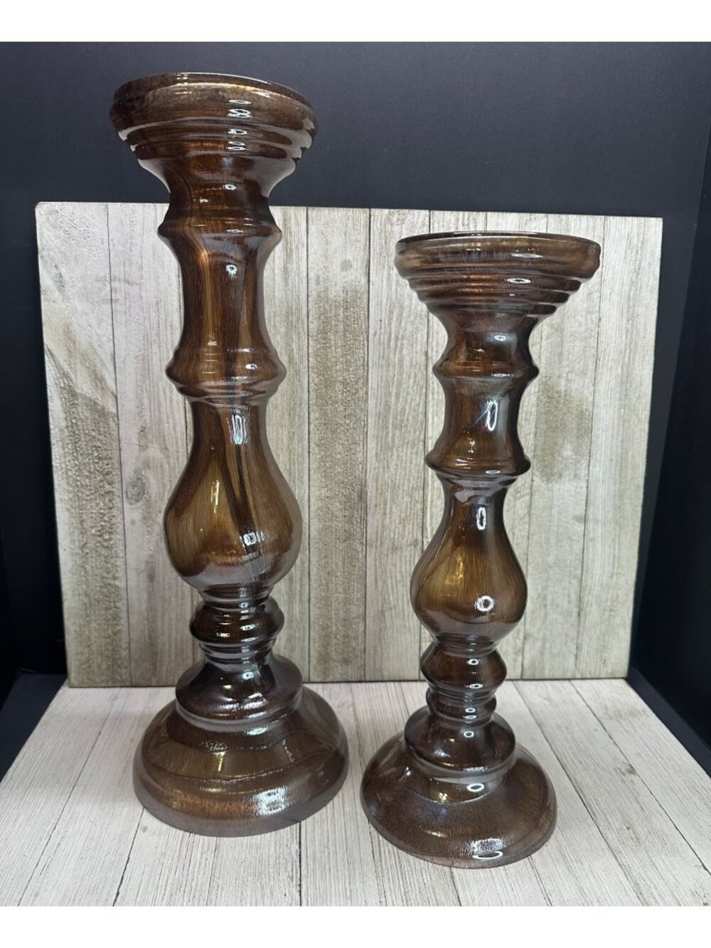 Vtg Glass Amber Brown Swirl Set of 2 Candle Holders Votives 16.5" & 14" Tall MCM